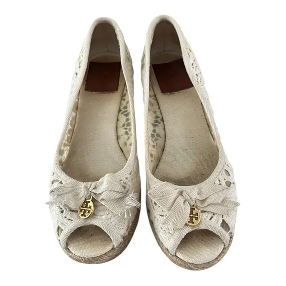 TORY BURCH LACE JACKIE ESPADRILLE WEDGE size 7.5B Preppy Beige Summer Feminine