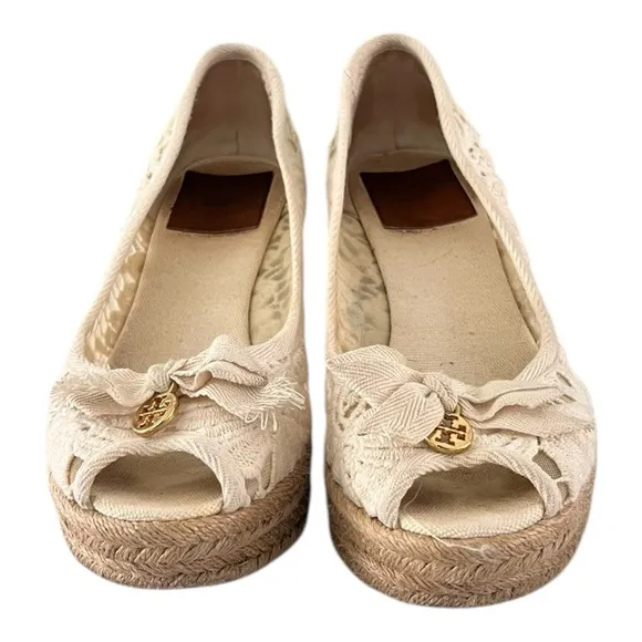 TORY BURCH LACE JACKIE ESPADRILLE WEDGE size 7.5B Preppy Beige Summer Feminine