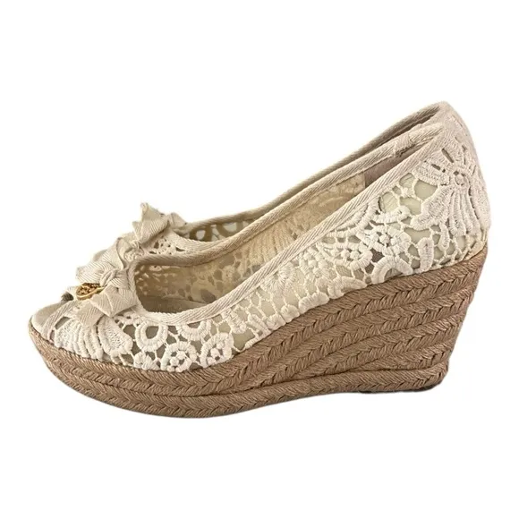 TORY BURCH LACE JACKIE ESPADRILLE WEDGE size 7.5B Preppy Beige Summer Feminine