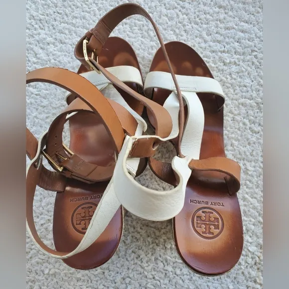 Tory Burch Marbella White and Brown Chunky Heel Shoes Strappy Sandals 8.5