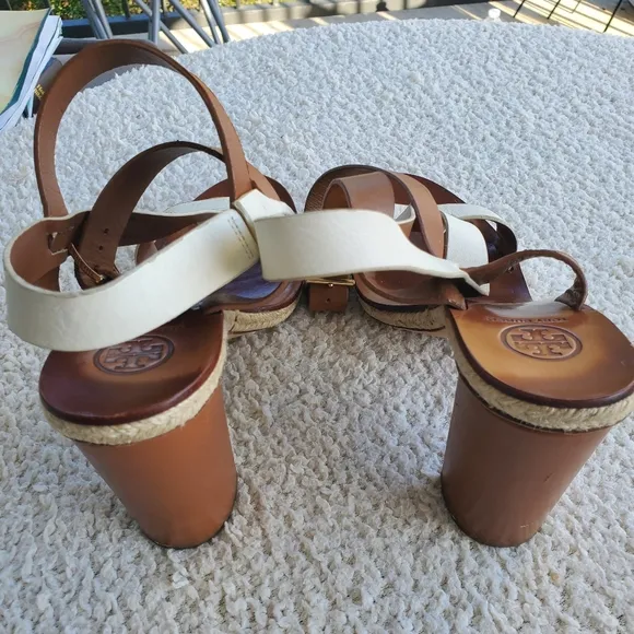 Tory Burch Marbella White and Brown Chunky Heel Shoes Strappy Sandals 8.5
