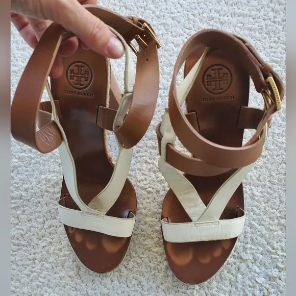 Tory Burch Marbella White and Brown Chunky Heel Shoes Strappy Sandals 8.5