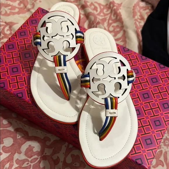 Tory Burch White Sandals with Multicolor Straps