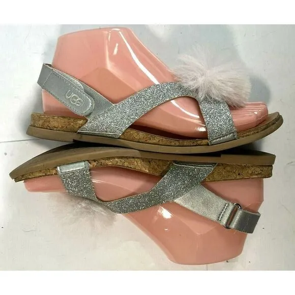 UGG Girls Pink Faux Fur Pom Pom Sandals Size 5 Fonda Glitter Pink Silver