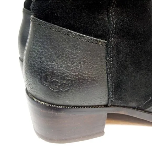 UGG Lou moto black pebbled leather suede heeled boots 6.5