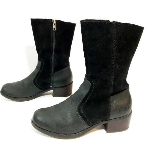 UGG Lou moto black pebbled leather suede heeled boots 6.5
