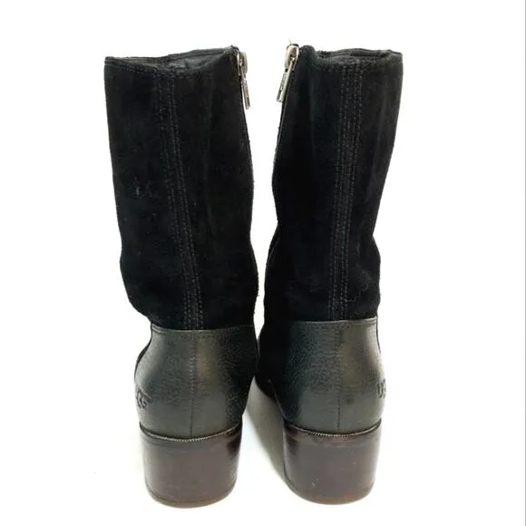 UGG Lou moto black pebbled leather suede heeled boots 6.5