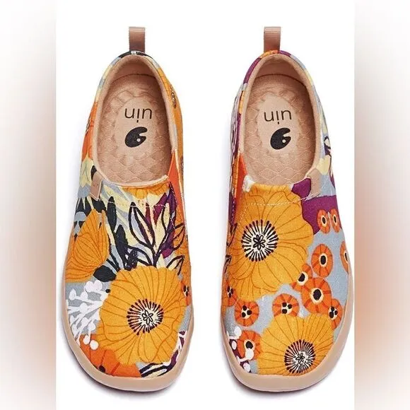 UIN Women's Slip On Walking Casual Loafers  Art Painted Shoes(Marigolds)