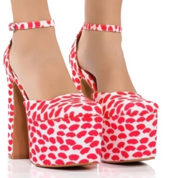 valentines Lipstick printed platform sandals heels canvas,ankles straps,canvas.