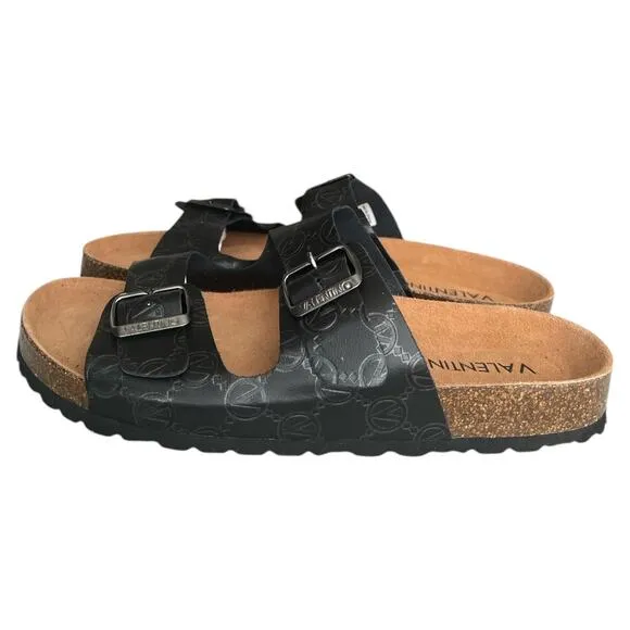 VALENTINO Black Buckled Straps Open Leather Slide Sandals, US10