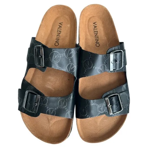 VALENTINO Black Buckled Straps Open Leather Slide Sandals, US10