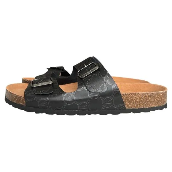 VALENTINO Black Buckled Straps Open Leather Slide Sandals, US10