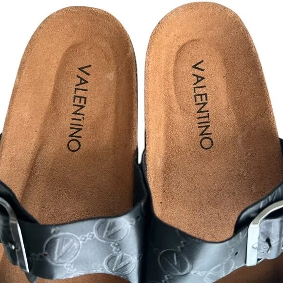 VALENTINO Black Buckled Straps Open Leather Slide Sandals, US10