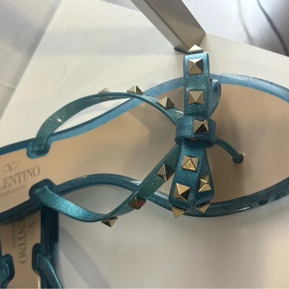 Valentino Garavani Teal Sandals with Gold Studs