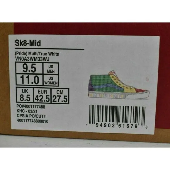 Vans Mens Size 9.5 Sk8-Mid Multicolor True White Pride Casual Sneaker Shoes