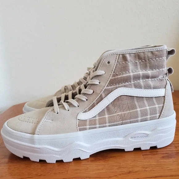 Vans Plaid High-Top Sneakers Beige Suede Ultra Cush Waffle Cup Unisex Shoes