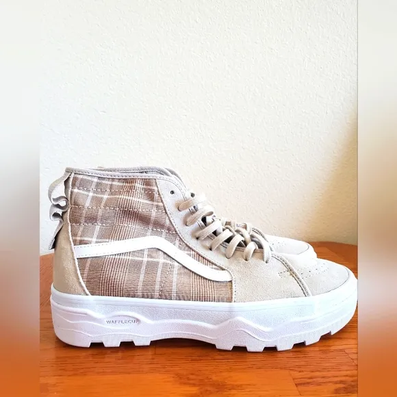 Vans Plaid High-Top Sneakers Beige Suede Ultra Cush Waffle Cup Unisex Shoes