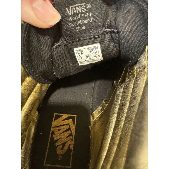VANS SK8-HI Black Gold High Top Unisex Leather Skate Shoes Women 10 Mens 8.5