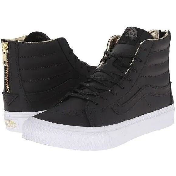 VANS SK8-HI Black Gold High Top Unisex Leather Skate Shoes Women 10 Mens 8.5