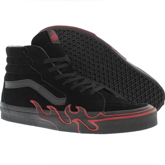 VANS Sk8-Hi Flame Shoes Black Red Suede Casual men’s Size 10 Skate VN0005UJY09