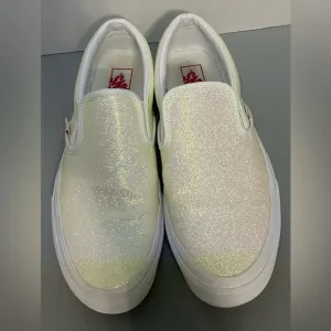 Vans White and Glitter Slip-On Shoes Womens Size 12