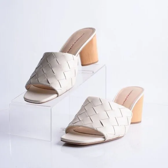 Veronica Beard Womens Kiele White Leather Woven Slip On Heels Shoes Mules Sz 11