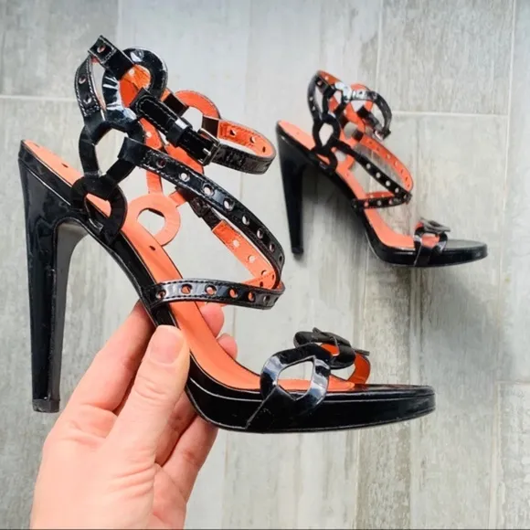Via Spiga Patent Leather Strap Eyelet Heel Sandals