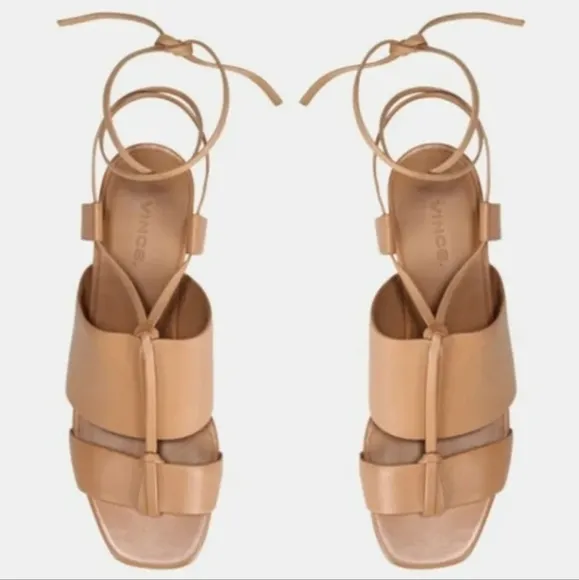 VINCE DUNAWAY Ankle Tie ROASTED CASHEW TAN Leather BLOCK Sandals US 10 $325 NWB