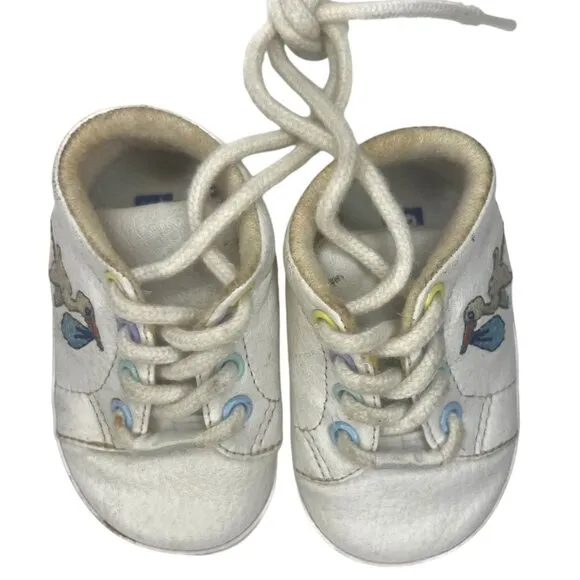 Vintage 2000 KEDS 21st Century Leather Y2K Crib Shoes Baby Stork White Lace Up