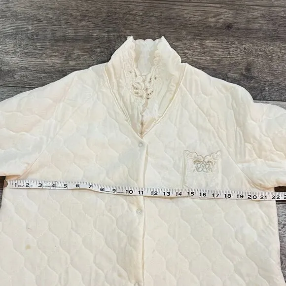 Vintage 70s JC Penney Cream Misses Robe Quilted Embroidered Made in USA - Large