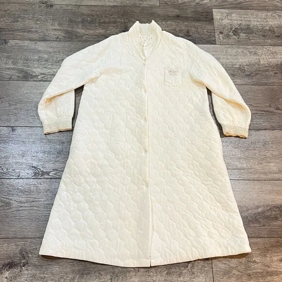 Vintage 70s JC Penney Cream Misses Robe Quilted Embroidered Made in USA - Large