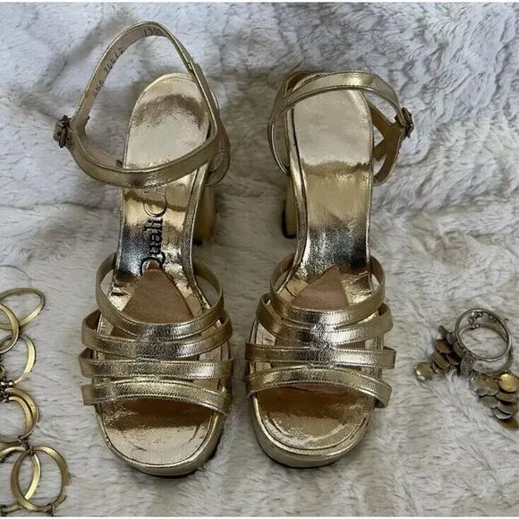 Vintage 70s Womens‎ Platforms 5/6 Quals Craft Metallic Gold Strappy Chunky Heels