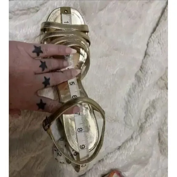 Vintage 70s Womens‎ Platforms 5/6 Quals Craft Metallic Gold Strappy Chunky Heels
