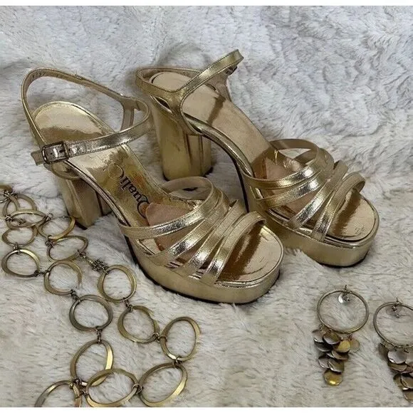 Vintage 70s Womens‎ Platforms 5/6 Quals Craft Metallic Gold Strappy Chunky Heels