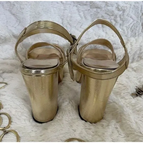Vintage 70s Womens‎ Platforms 5/6 Quals Craft Metallic Gold Strappy Chunky Heels