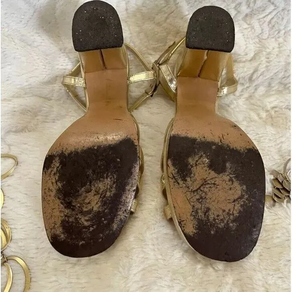 Vintage 70s Womens‎ Platforms 5/6 Quals Craft Metallic Gold Strappy Chunky Heels