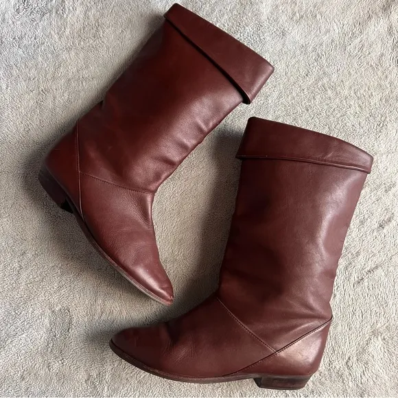 Vintage 80s Mister Shoes by Markon Mid-Calf Fold Over Leather Boots Brown Sz 6
