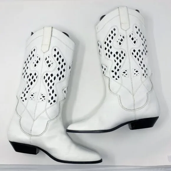 Vintage 80s White Leather Western Boots Cutout Detail Pull On Pointy Toe Size 8
