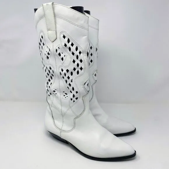 Vintage 80s White Leather Western Boots Cutout Detail Pull On Pointy Toe Size 8