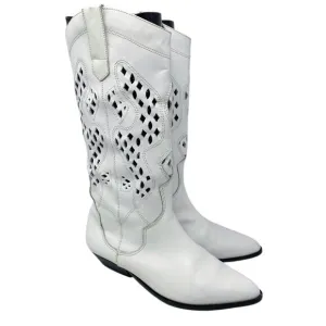 Vintage 80s White Leather Western Boots Cutout Detail Pull On Pointy Toe Size 8