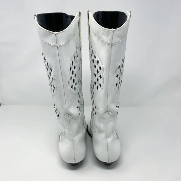 Vintage 80s White Leather Western Boots Cutout Detail Pull On Pointy Toe Size 8