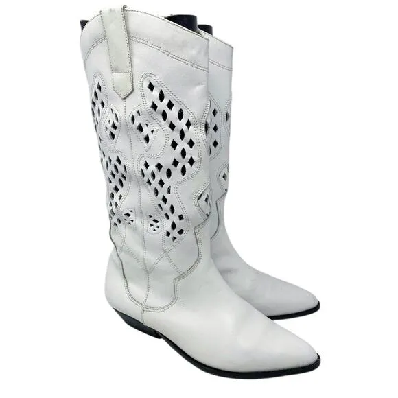 Vintage 80s White Leather Western Boots Cutout Detail Pull On Pointy Toe Size 8