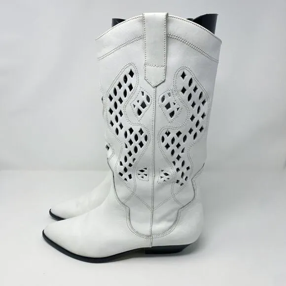 Vintage 80s White Leather Western Boots Cutout Detail Pull On Pointy Toe Size 8