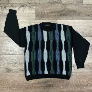 Vintage 90s Protege Coogi-Style Black Blue Green 3D Sweater Made in USA Large