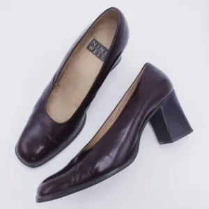 Vintage 90s Y2K Nine West Brown Leather Chunky Block Heel Square Toe Pump 9.5