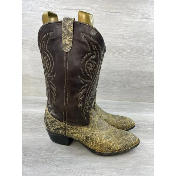 Vintage Bronco 1991 Mens  13D Brown Snake Print Leather Cowboy Western Boot
