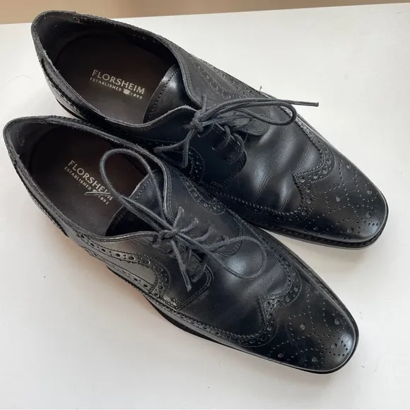 Vintage Florsheim Leather Brogue Derby Oxford Wingtips Dress Shoes Black 8.5 D