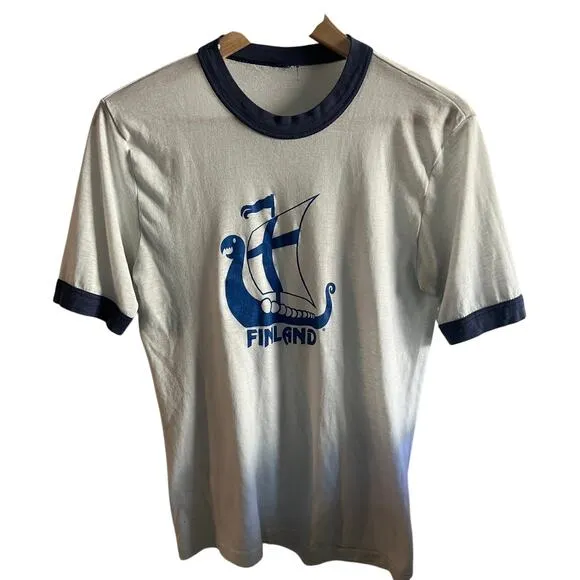 Vintage ringer t- shirt blue Finland viking size medium