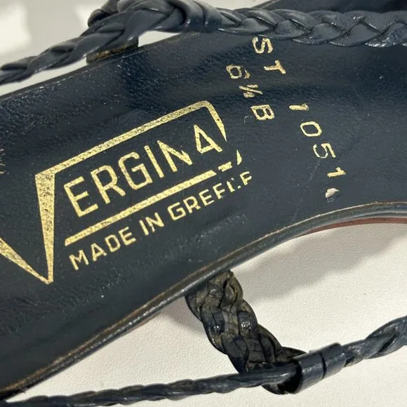 Vintage Vergina Leather Wedge Sandals Strappy Rare Navy Made in Greece Size 6.5