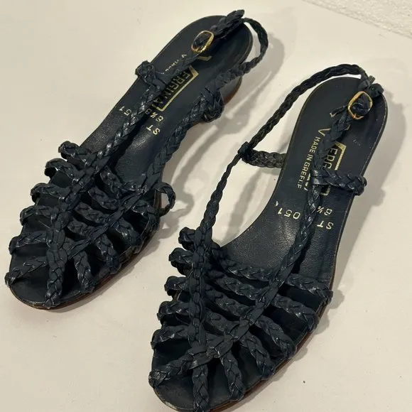 Vintage Vergina Leather Wedge Sandals Strappy Rare Navy Made in Greece Size 6.5